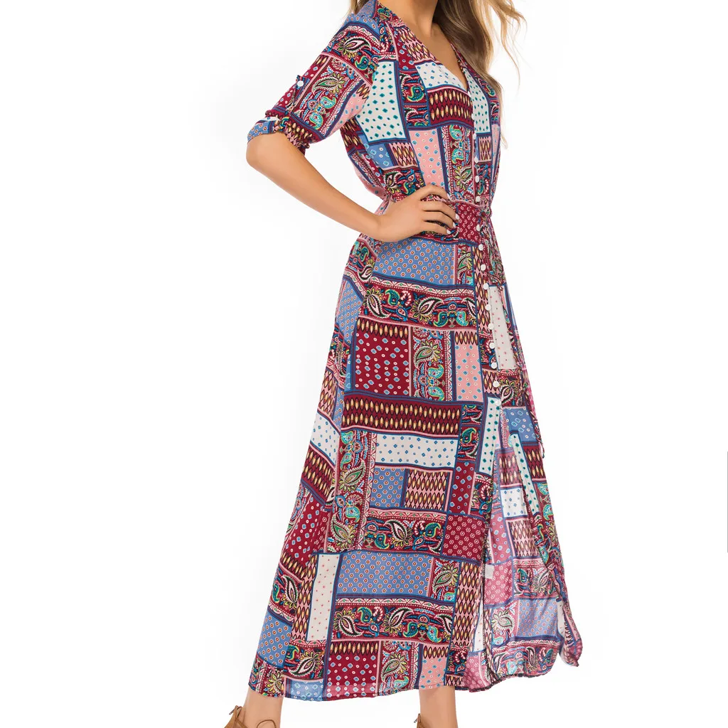Женское богемное платье с поясом винтажное пляжное V образным вырезом