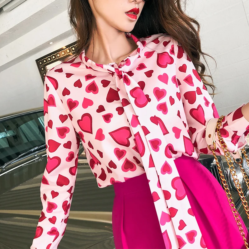 MUMUZI Chiffon Blouses Long Sleeve Summer New 2020 Loose Bow Tie Blouse Red Heart Print Pink Shirt tunique femme bluse women