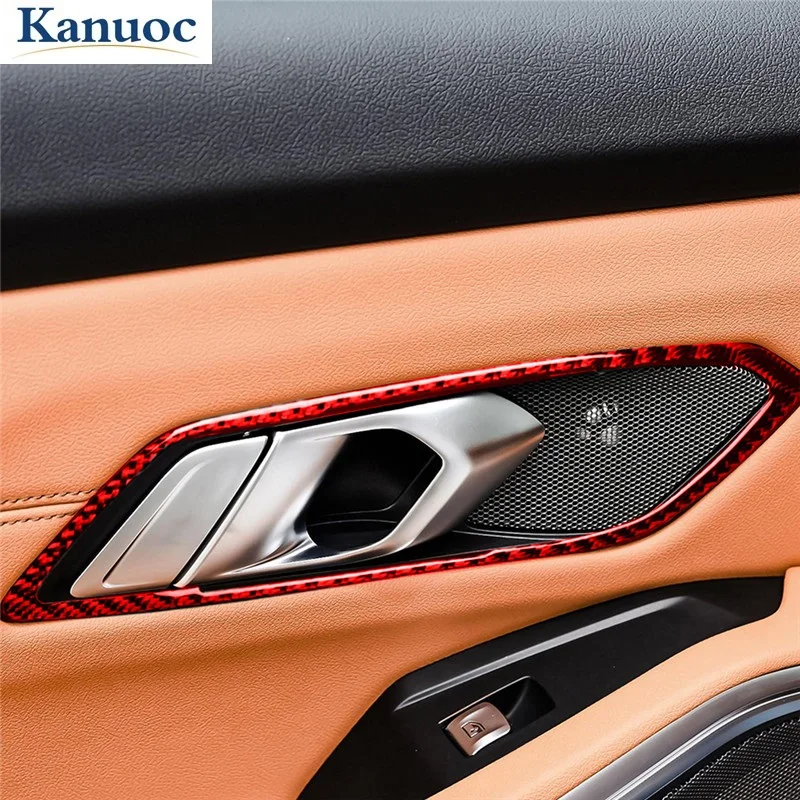 

Отделка панели внутренней дверной ручки автомобиля, наклейка из углеродного волокна, красные аксессуары для BMW новой серии 3 G20 G28 325li 330D 335 ...