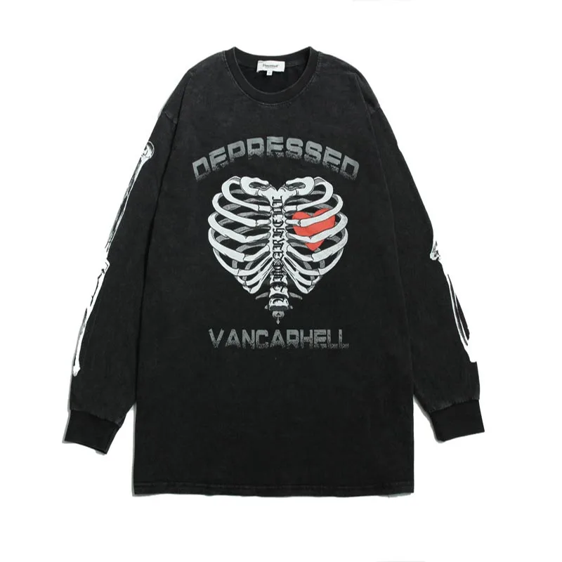 

SEVEYFAN Men's Sweatshirt Retro Distressed Skull Love Printing Long-Sleeved T-Shirt Hip-Hop Sweatshirt Pullover Male