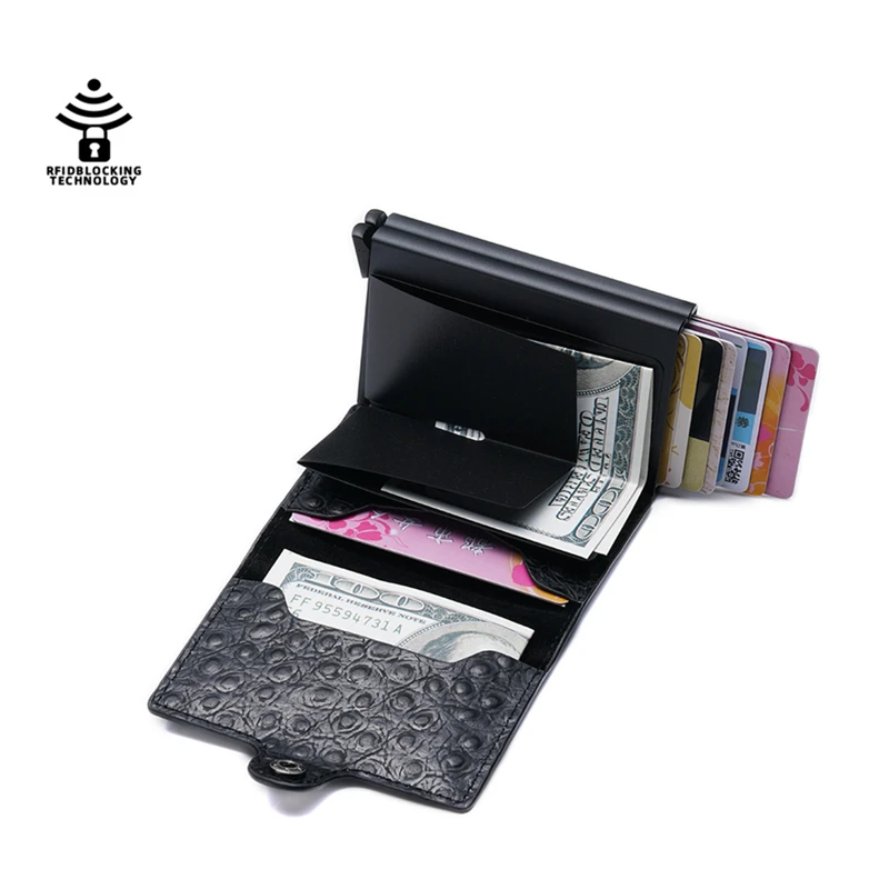 

2021 Ostrich Pattern Double Metal ID Credit Card Holder With RFID Vintage Card Case Automatic Money Cash Clip Pu Leather Wallet