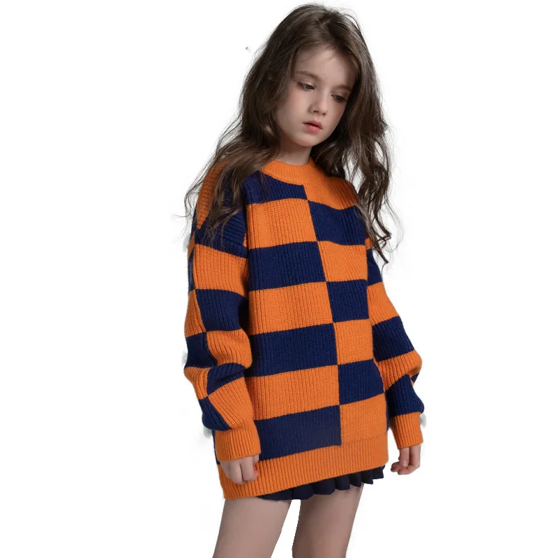 Children's Sweater Autumn Winter Fashion Plaid Color Knit Sweater Thick Sweater Over Pullovers For Girls Sweater Kids Clothing sundae angel kids sweater autumn