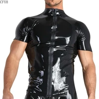 sexy mens latex tops faux pvc leather shiny metallic top zipper open front tops short sleeves faux leather shirts