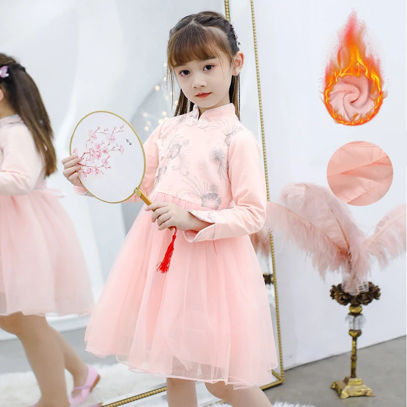 Детское платье принцессы белое розовое хлопковое или флисовое платье-Ципао в