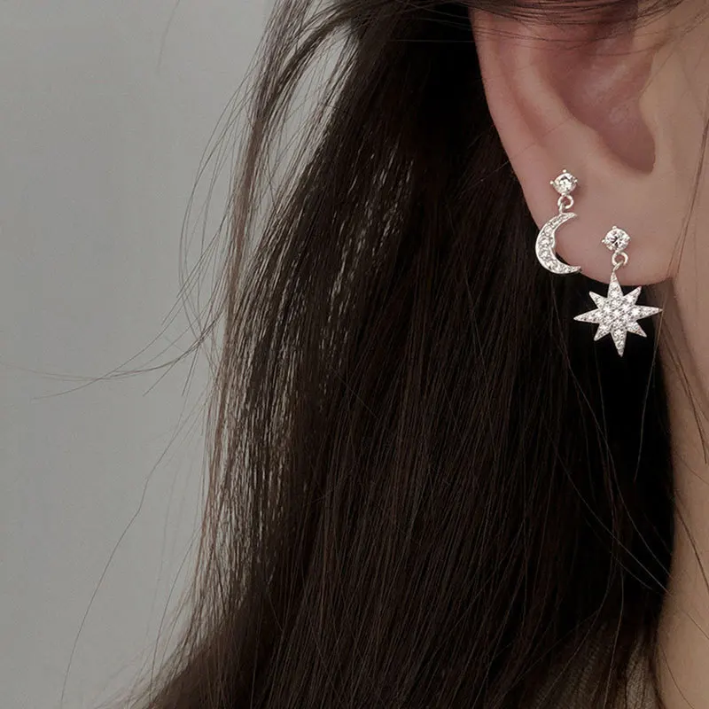 

925 Sterling Silver Crystal asymmetric star moon pierced earrings for women's wedding jewelry accessories