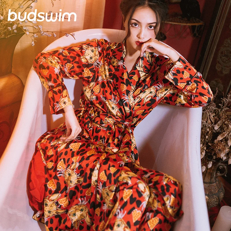 В стиле ретро с принтом кота пижамы женские комплекты 2 предмета халаты + штаны