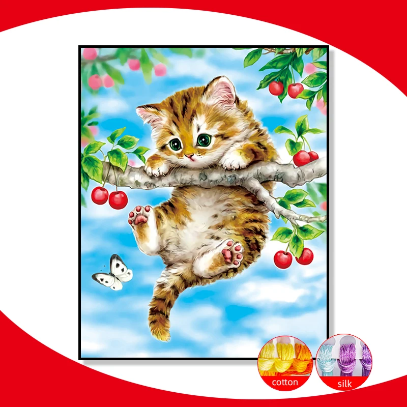 

Cherry and Cute Kitten Pattern Print Cross Stitch Kit Animal Cat Painting 11CT Embroidery Kit DIY Needlework Embroidery Home Dec