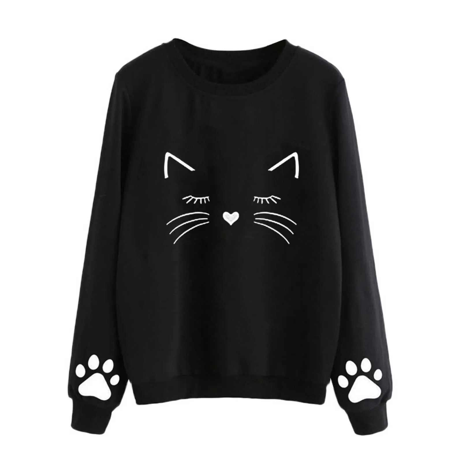 

Spring and Autumn Cat Sweater Round Neck Long Sleeve Regular Clothes Women Sweater Print Loose Round Neck Ladies Sweatshirt