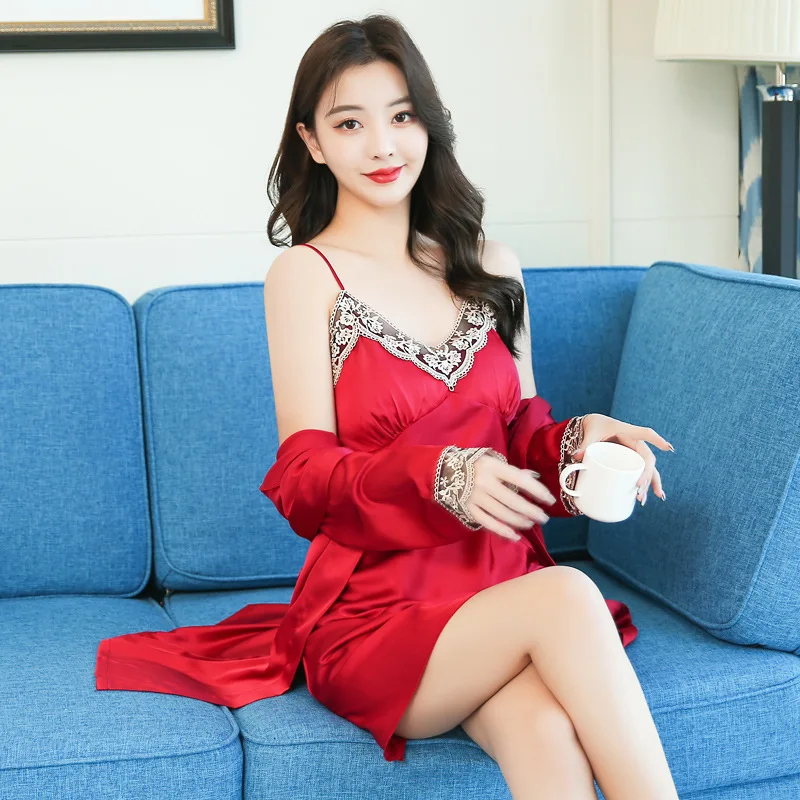 

Satin 2PCS Nighty&Robe Suit Women Nightdress Sexy Sleepwear Spring New Kimono Bathrobe Gown Soft Intimate Lingerie Homewear
