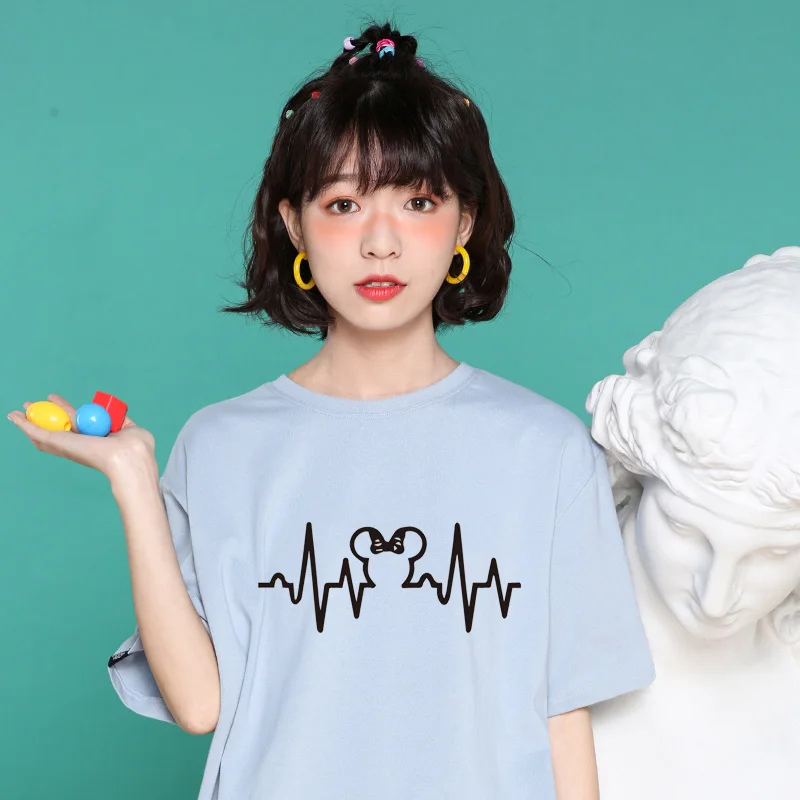 

Women Clothes 2020 Funny Heart Beat Printed Cotton T Shirt Female Short Sleeve Street Style Tee Tops