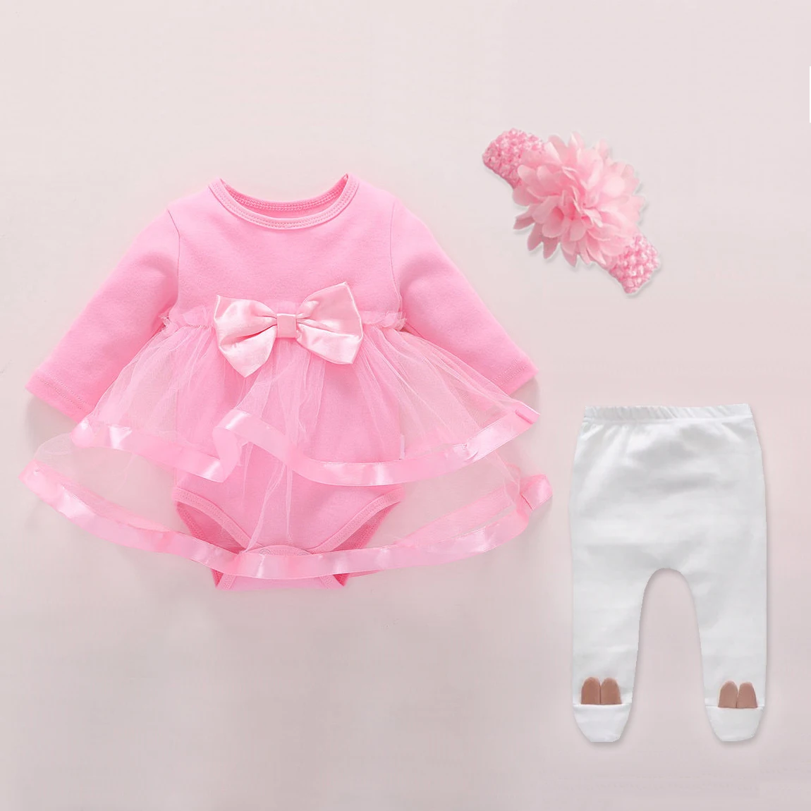Baby Girls Infant Newborn Dress Foot Pants Autumn Wedding Party Birthday Outfits 0 3 Month dress headband Christening Gown images - 6