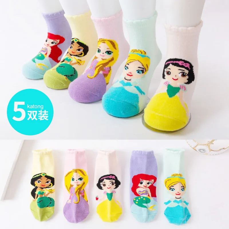 5 Pairs Disney Princess Baby Girls Winter Socks Kids Children Short Anime print Cotton Breathable Cartoon Warm Floor | Мать и ребенок
