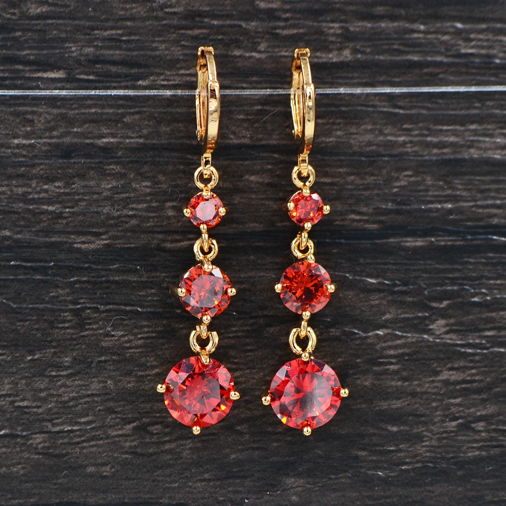 Модные золотистые круглые красные фианитовые линейные Висячие серьги для женщин