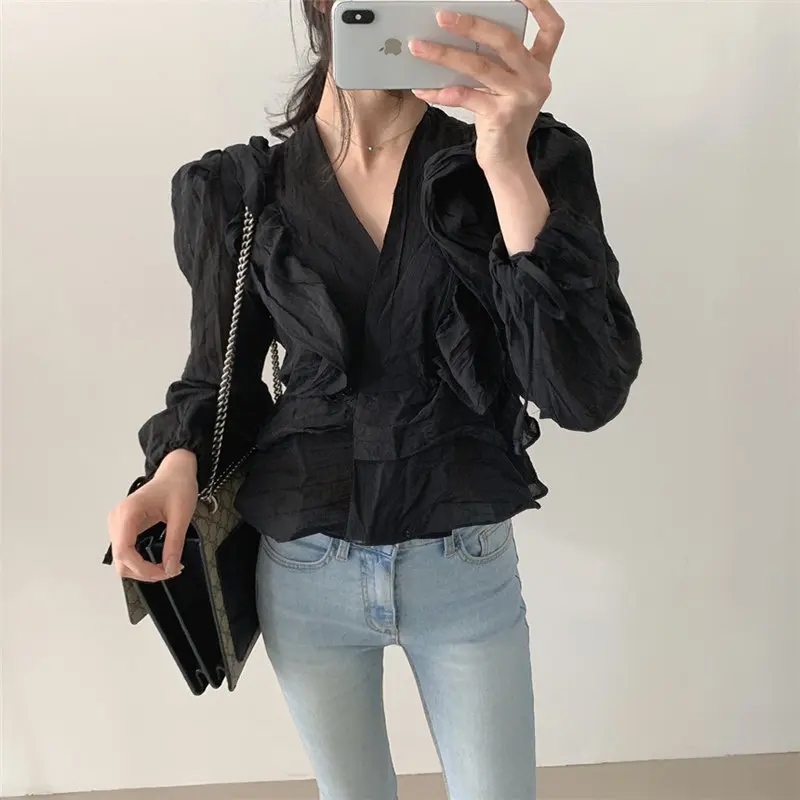 Стильные плиссированные пикантные однотонные Топы HziriP с оборками повседневные