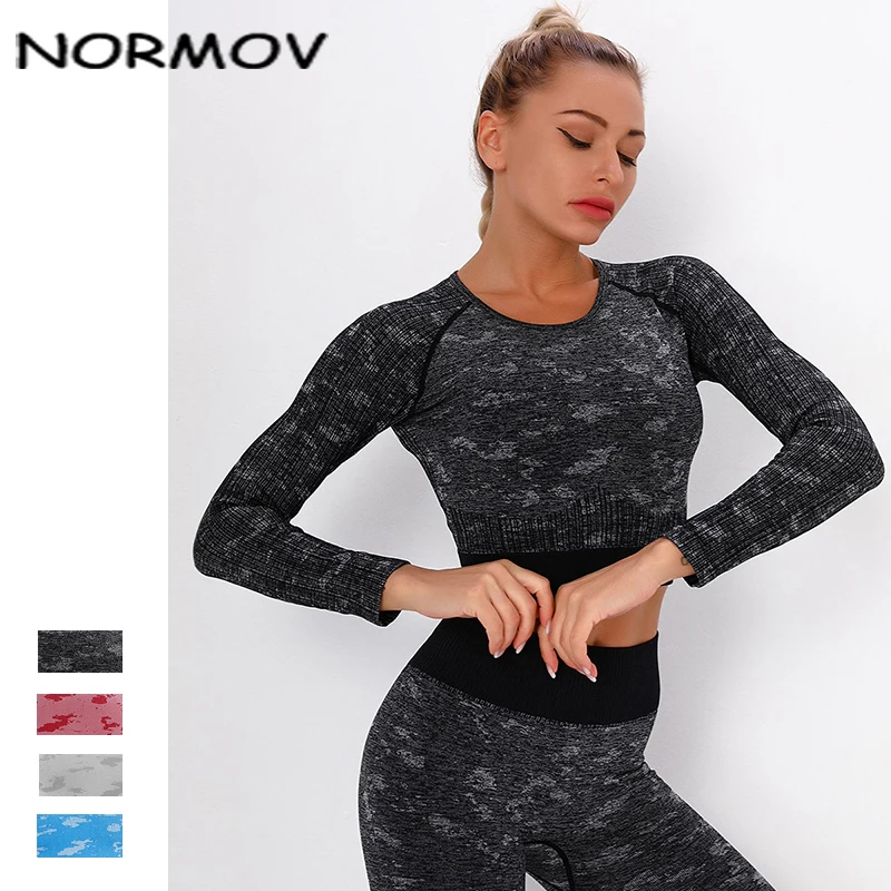 

NORMOV Seamless Women Tops O Neck Long Sleeve Camouflage Gym Fitness Print Sportswear Spandex Tees Fitness Skinny Tops Feminina