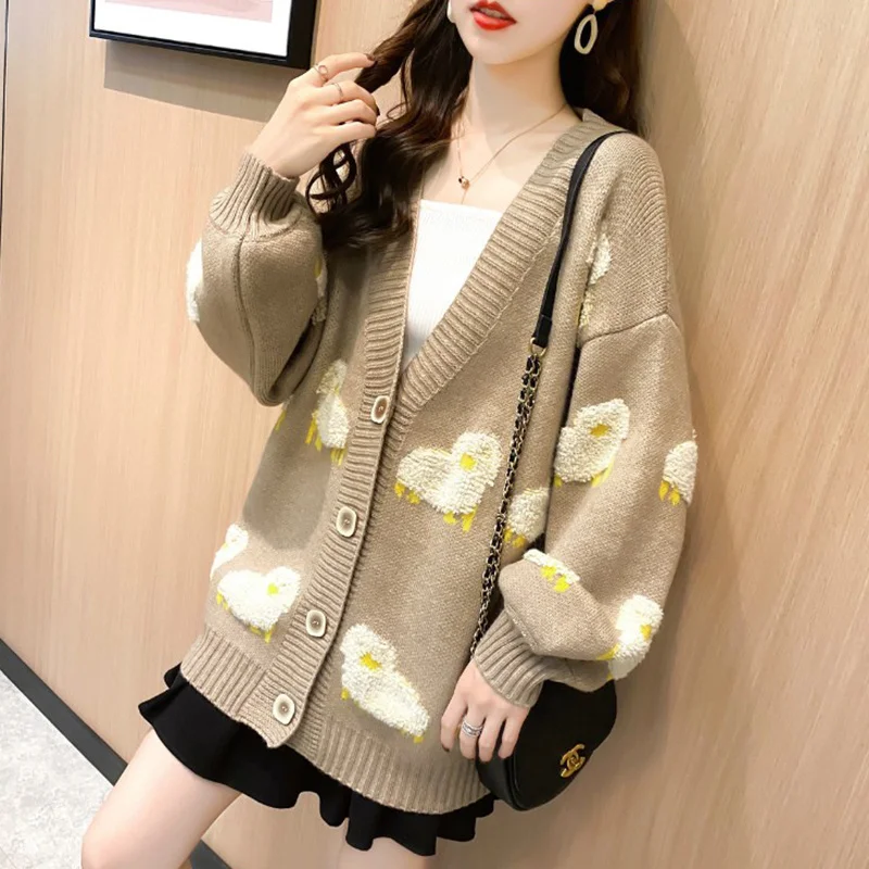 

2021 Autumn New Knit Female Cardigan Loose Streetwear Knit Sweater Coat Cute Cartoon Print V Neck knitted cardigan Women Jacket