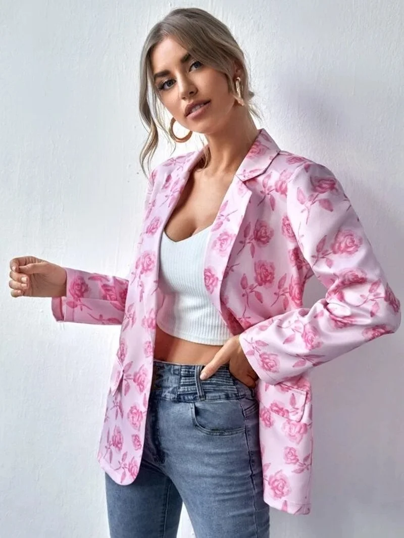 

Autumn 2021 Women's Print Trend Small Suit Jacket Flower Pattern Suit Women Blazer Set Office Lady De Mujer Ladies Tops