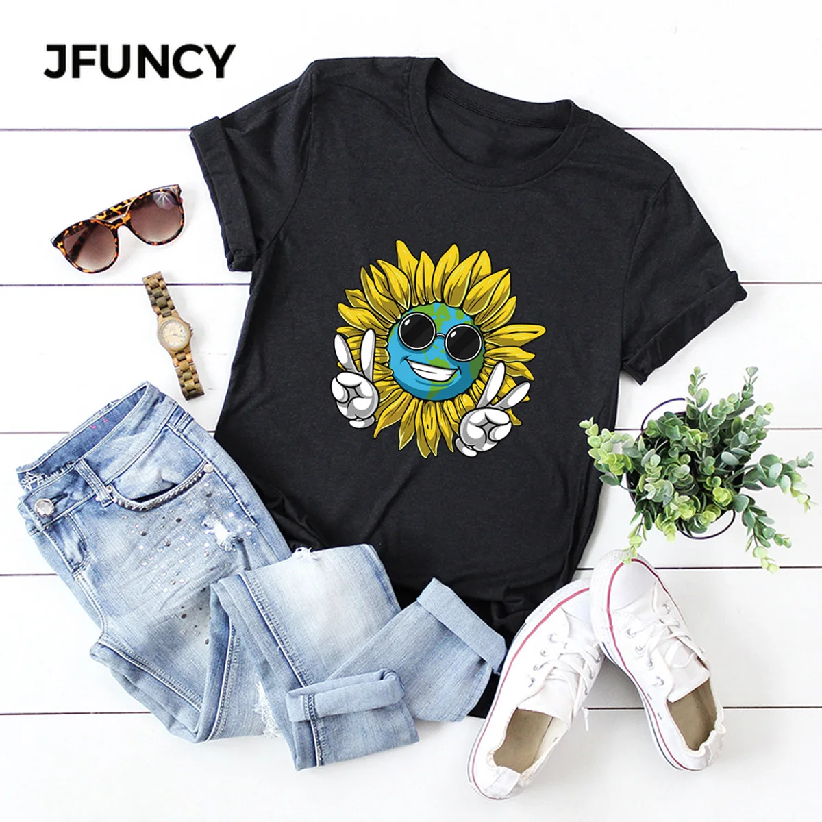 JFUNCY Sunflower Smile Feace Print T Shirt Women Short Sleeve Loose Tshirt  Woman Summer Cotton Tee Shirts  Female Tops