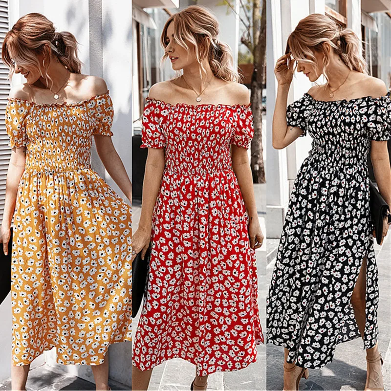 

OLOMLB 2021 Summer Women Dress Empire Off Shoulder Sexy New Fashion Slash Neck Short Sleeve Floral Backless Split Female Dresses