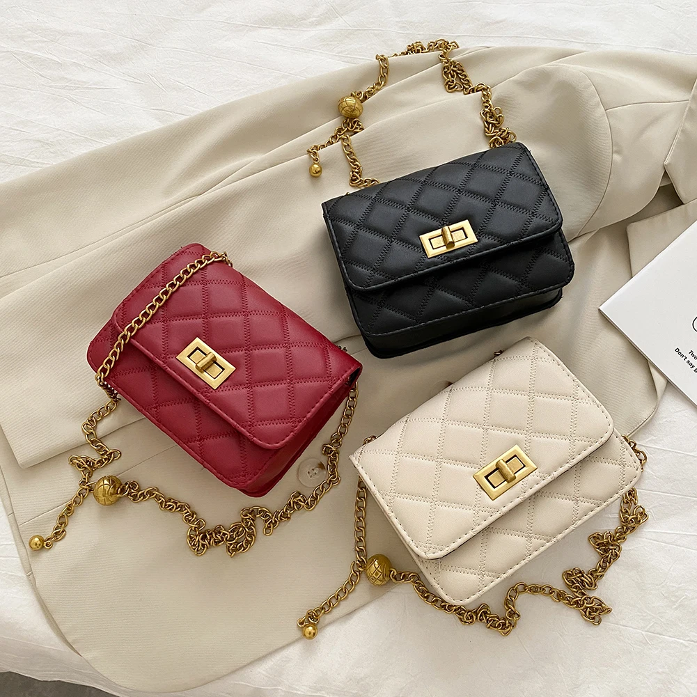 

Fashion New Lattice Pattern Crossbody Bag Women Solid Color Chain Small Square Shoulder Pouch PU Leather Messenger Flap Purse
