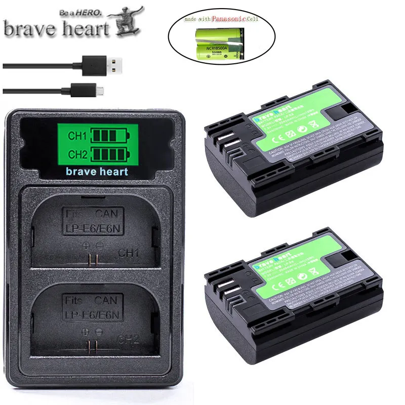 charger and 2battery 2040 мАч LPE6 LP-E6 LP-E6N LP E6 E6N батарея сделана с Panasonic сотовый+ ЖК USB зарядное устройство для Canon EOS 5D Mark II III 7D 60D 6D - Цвет: charger and 2battery