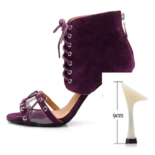 purple heel 9cm WUXIJIAO/туфли для латинских танцев; женские черные сапоги на высоком каблуке в английском стиле; удобная обувь для сальсы; вечерние туфли на молнии сзади - Цвет: purple heel 9cm