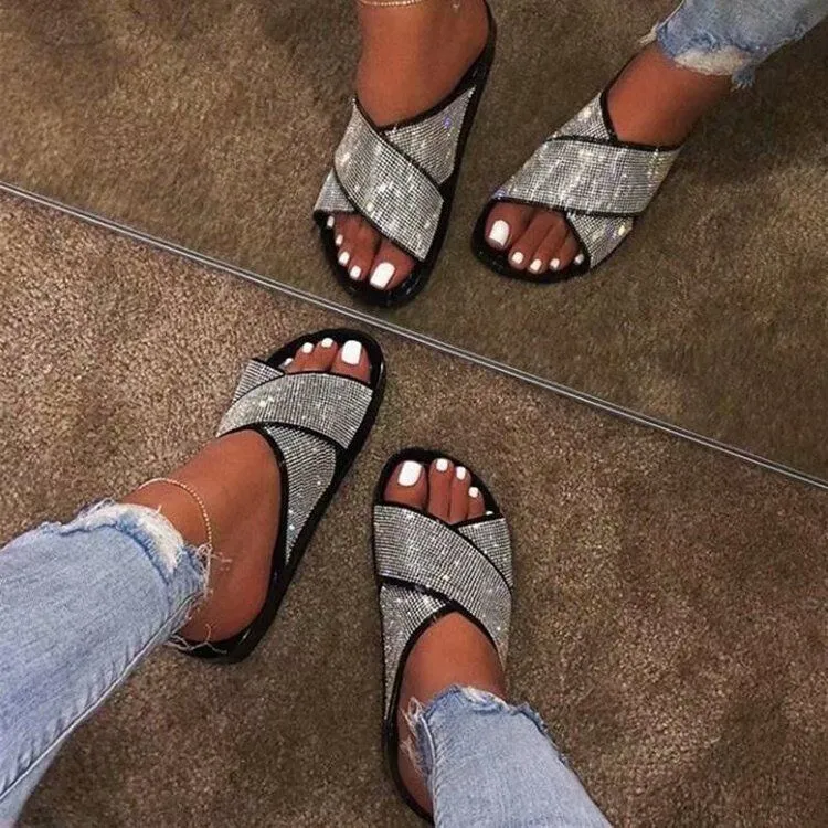 

2021 Women's Flat Diamond Slippers Summer Women's Sandals Outdoor Slippers Rhinestone Beach Casual Shoes Black Gold Large Size