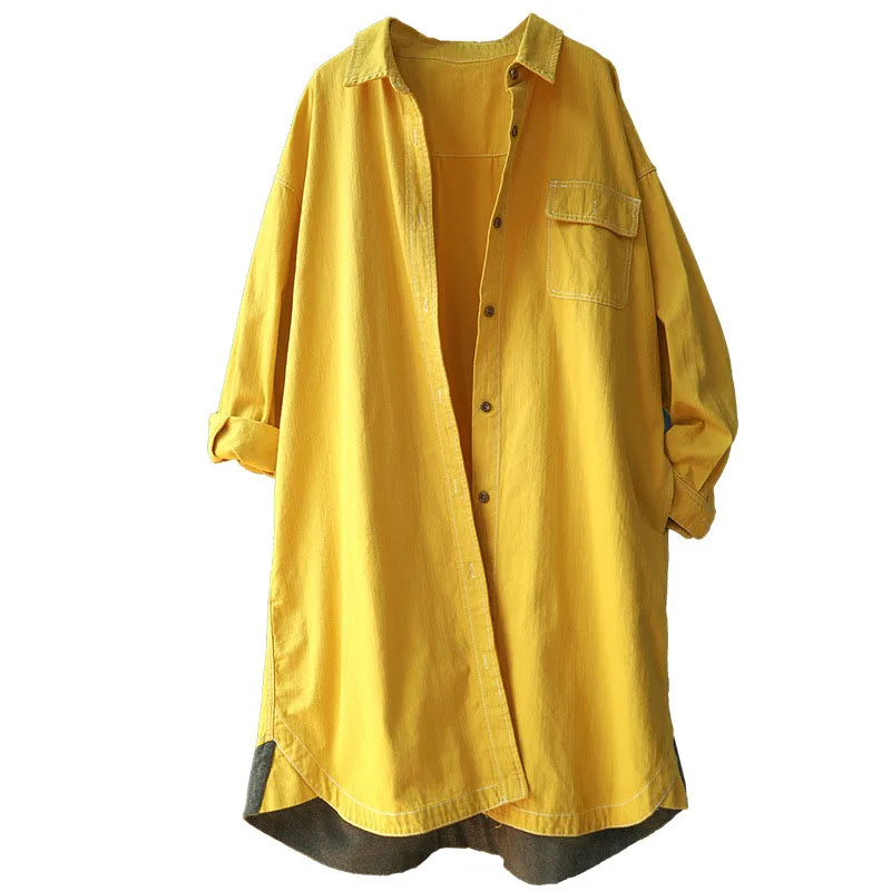 Однотонный желтый черный плащ женская джинсовая куртка с длинным рукавом