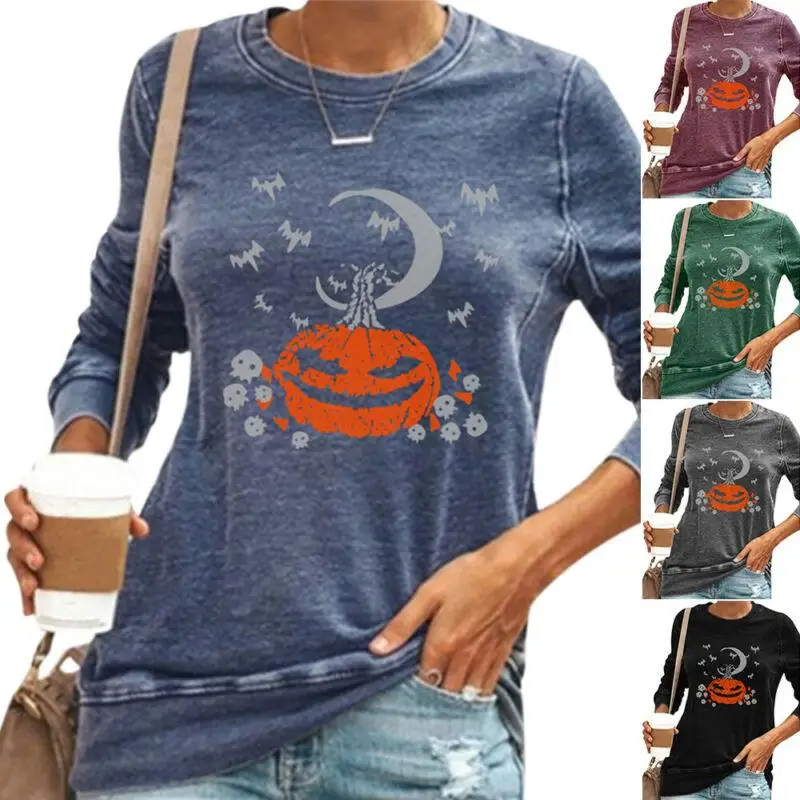 

Loose T Shirt Autumn T Shirt Women Pumpkin Printed Long Sleeve Top T-shirts Halloween Crew Neck Casual Women Pullovers