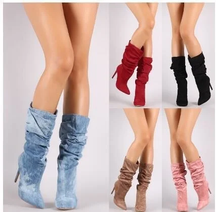 

Пикантные женские ботинки с острым носком на высоком тонком каблуке однотонные складчатые замшевые ботинки без шнуровки удобные осенне-зи...