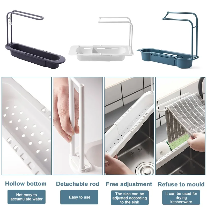 

Retractable And Removable Sink Rack With Towel Bar Kitchen And Bar Supplies Sponge Pot Washing Brush Drain Rack Storage Basket