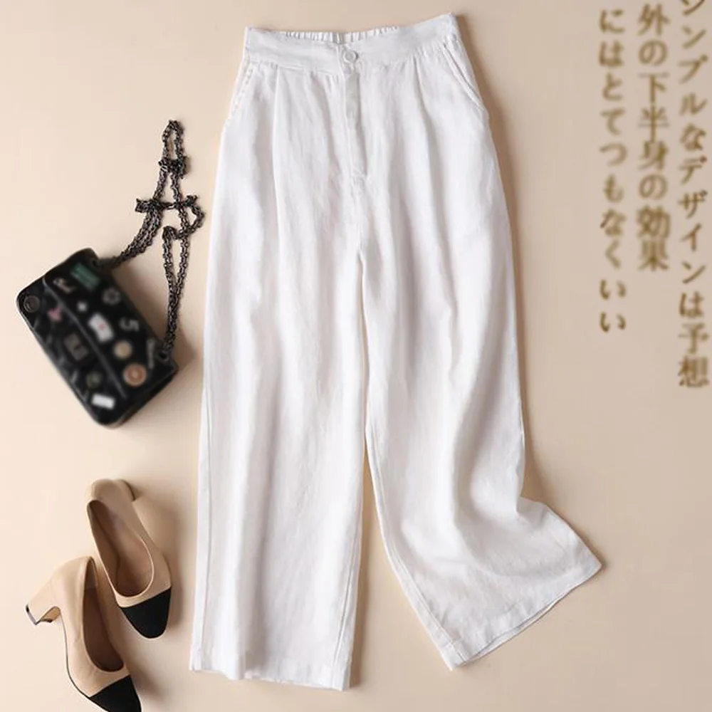 

Khaki Cotton Linen Wide Leg Beach Pants Plus Size Clothing Elastic Waist Vintage Loose Casual Pockets Long Women Trousers