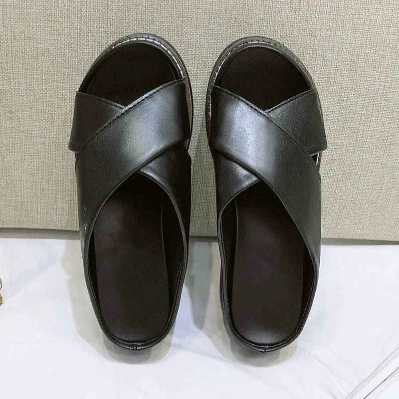 

High-Heeled Shoes Lady Womens Slippers Outdoor Big Size On A Wedge Pantofle Slides Platform 2021 Soft Cotton Fabric Rome PU Rubb