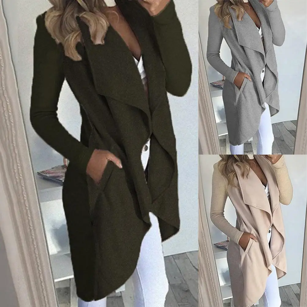 

2019 Fashion Plus Size Simple Solid Color Women Irregular Hem Open Front Long Sleeve Lapel Cardigan Outwear women's windbreake T