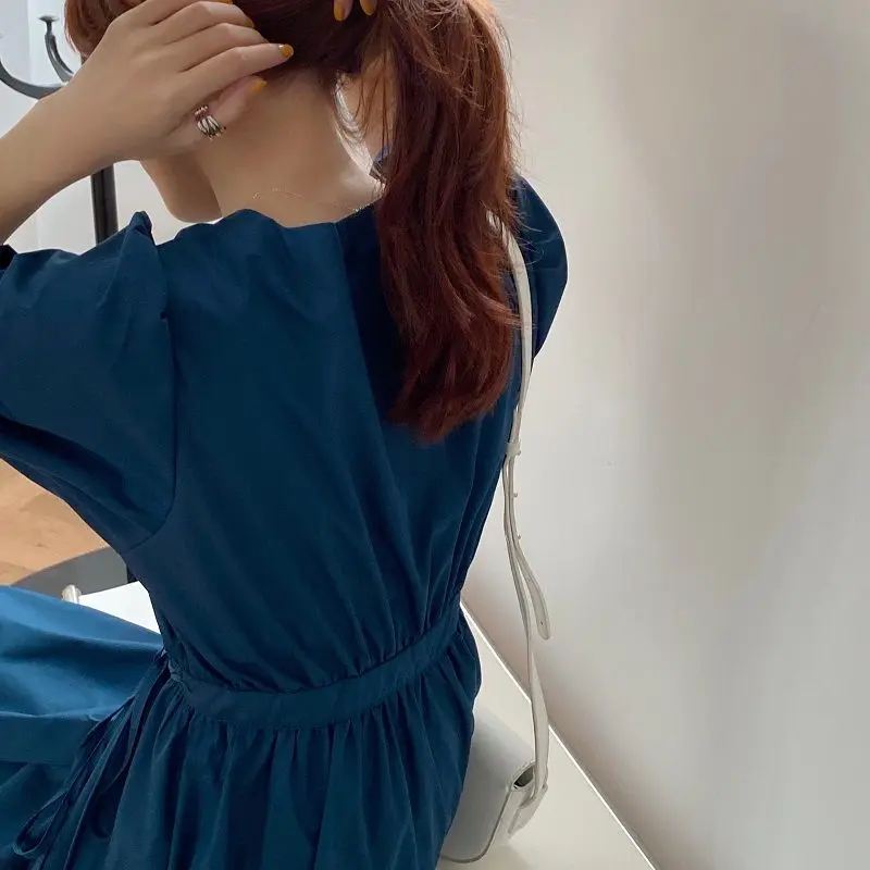 

Summer Short Puff Sleeve Solid Dress Women Vintage Mid-calf Simple Student Ulzzang V-neck Slim Fit Elegant Womens Clothes Retro