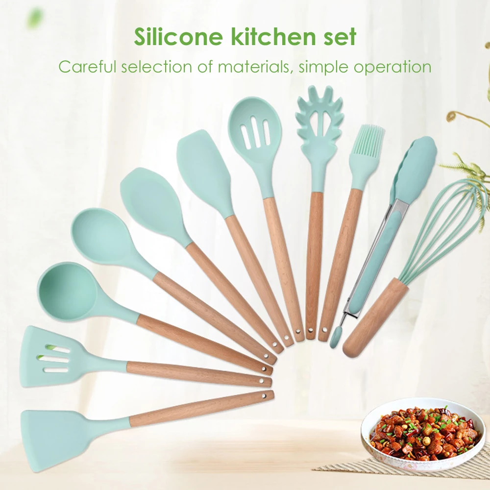 

Wood Handle Silicone Kitchenware Cooking Tool Non-Stick Baking Cookware Heat Resistant Leakage Shovel Spoon Spatula Healthy Life