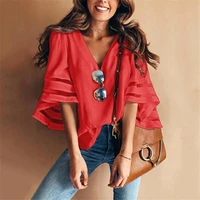 womens blouses v neck flared sleeves mesh patchwork shirts summer plus size casual loose mesh women blouse solid red tops 5xl