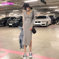 spring new feminine slim stretch dress with hooded split ends and hips casual sexy waist v neck