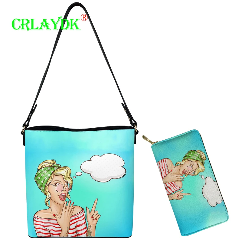 

CRLAYDK Fashion Women's Pop Art Girls Novelty Bucket Shoulder Bag with Long Wallet Office Work Ladies Tote Business Handbag