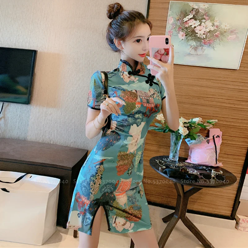 

Retro Elegant Cheongsam Women Sexy Bodycon Nightclub Party Dress Japanese Harajuku Style Chinese Traditional Printed Slim Qipao