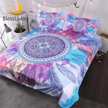 Blessliving Psychedelic Bedding Mandala Feathers Bed Set Pink Blue Purple Watercolor Hippy Duvet Cover Bohemian Bedclothes 1