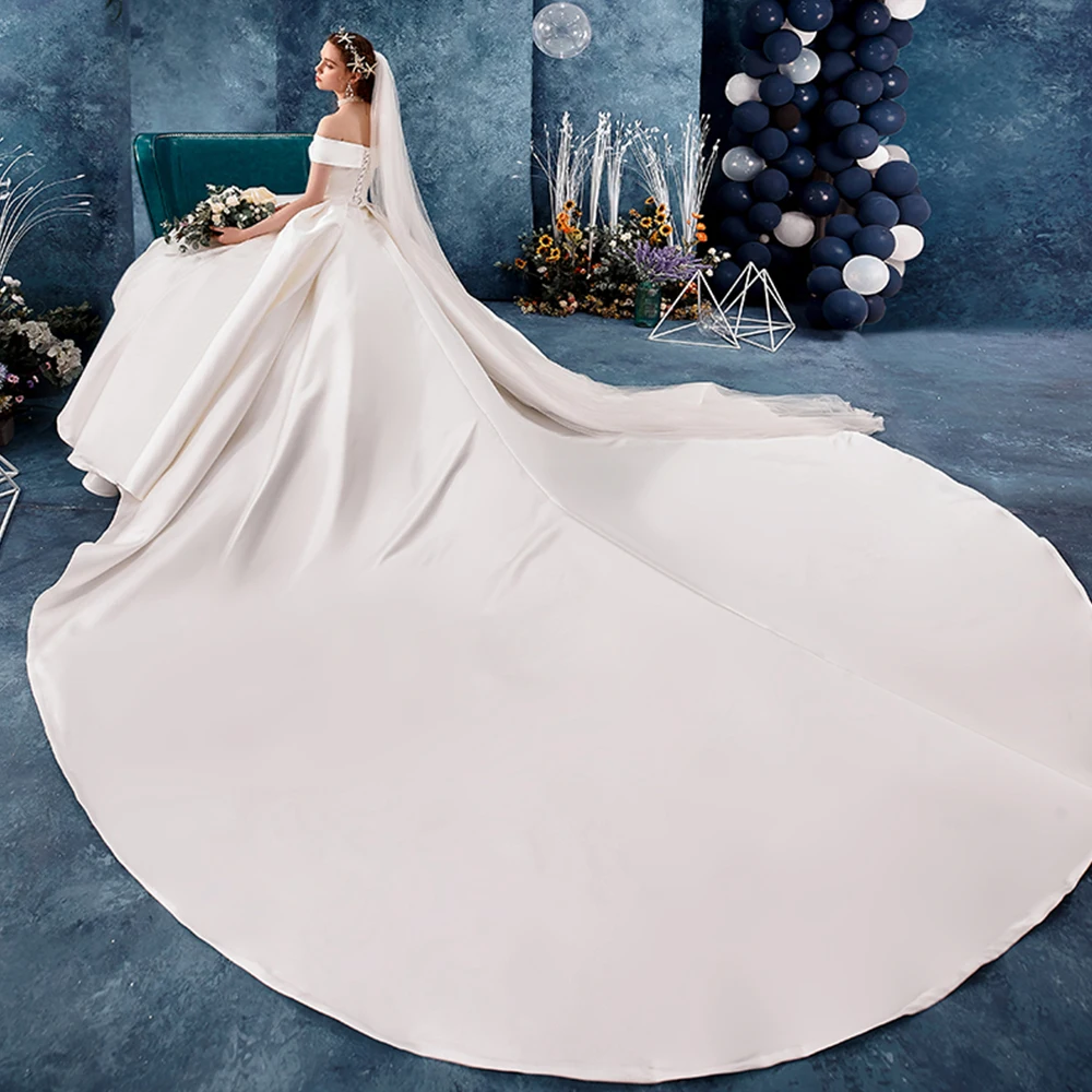 Vestido de Noiva, лучшее Атласное Бальное Платье, Свадебное платье,, с вуалью, простое платье, Роскошные свадебные платья, 1,5 м, изображение поезда