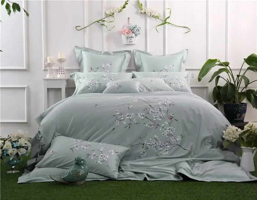 

J3 Oriental Embroidered Egyptian Cotton Blue Pink Bedding sets J/6Pcs Queen King size Duvet cover sets Bed sheet set Pillow