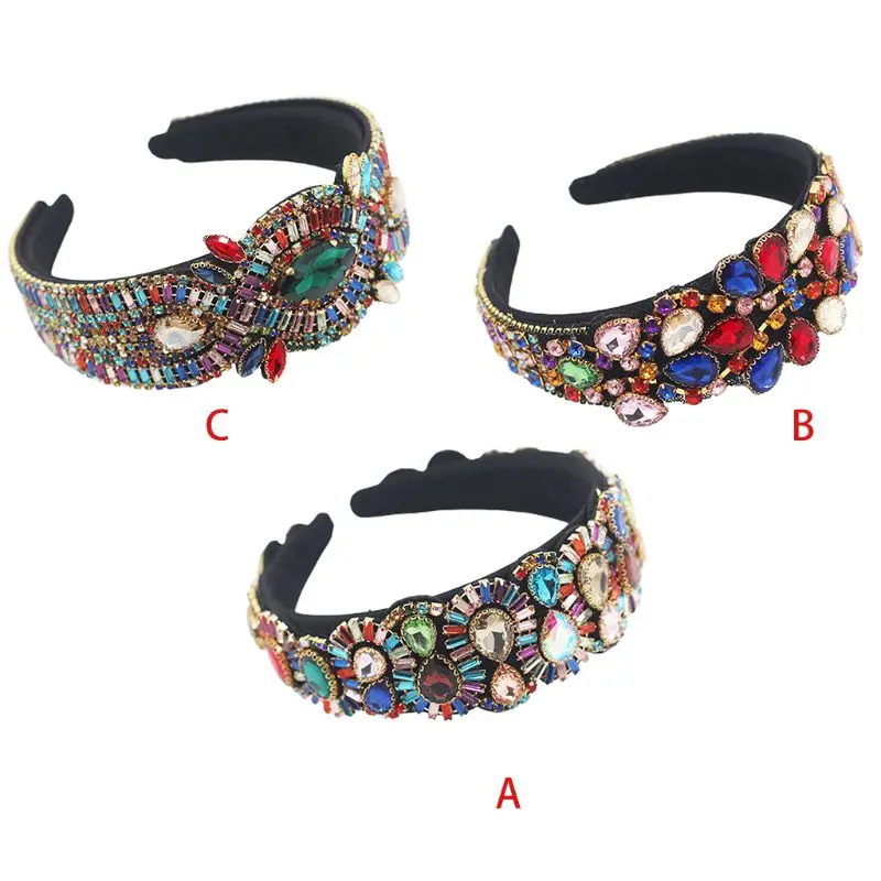 

Baroque Ethnic Colorful Jewelry Bandana Women Shiny Water Drop Crystal Wide Hair Hoop Glitter Rhinestone Chain Headdress