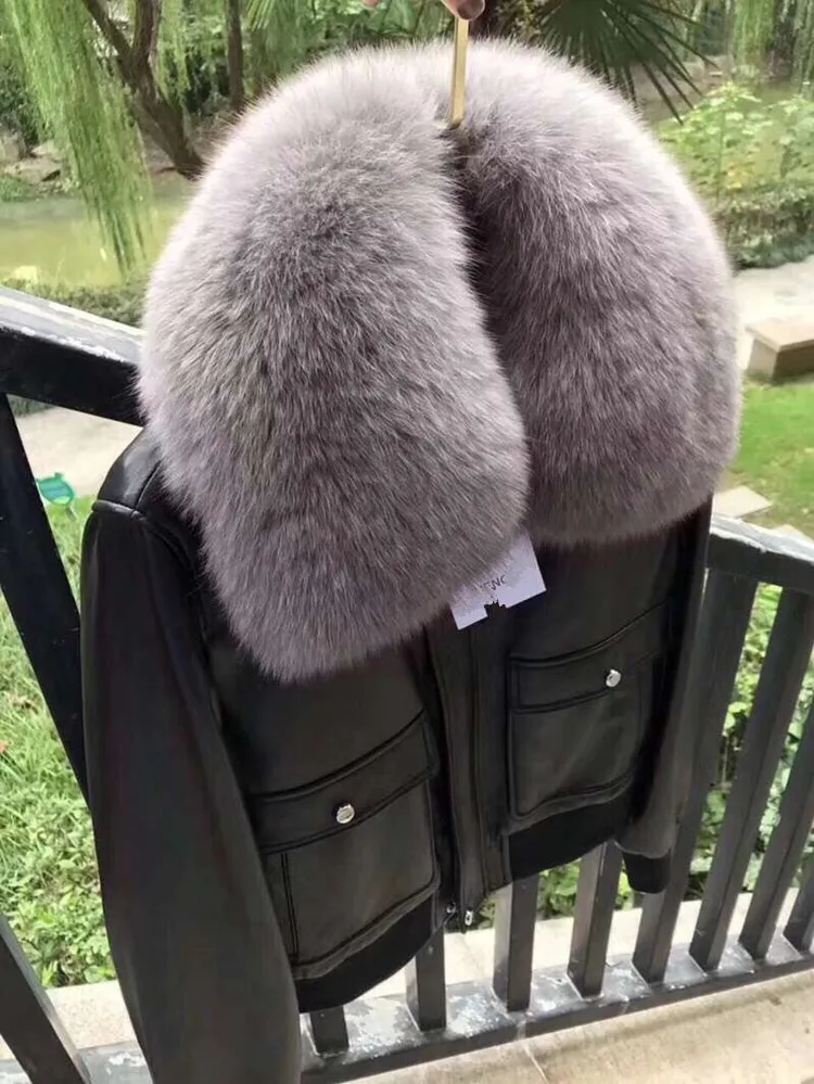 Лидер продаж, женские пальто из натуральной овчины кожаная куртка с воротником из лисьего меха женские настоящие жакеты из овечьей кожи воротник из натурального меха