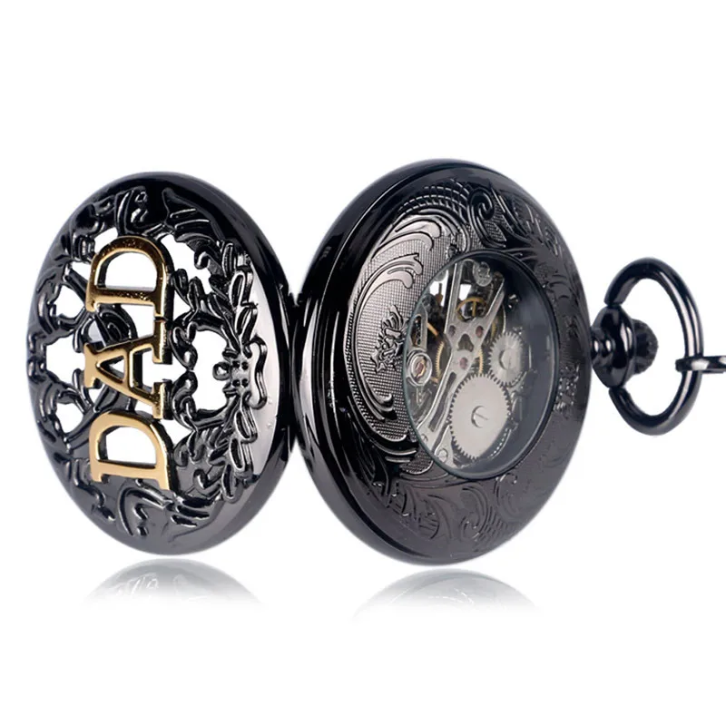 Steampunk Black Hollow Out Case Men's Handwinding Mechanical Pocket Watch Dad Design Pendant Chain Clock Gift To Father Reloj