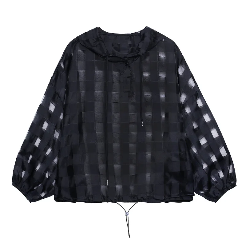 

QING MO Women Plaid Sun Protection Shirt 2021 Summer Women Perspective Shirt Female Batwing Sleeve Shirt Black White ZQY7240