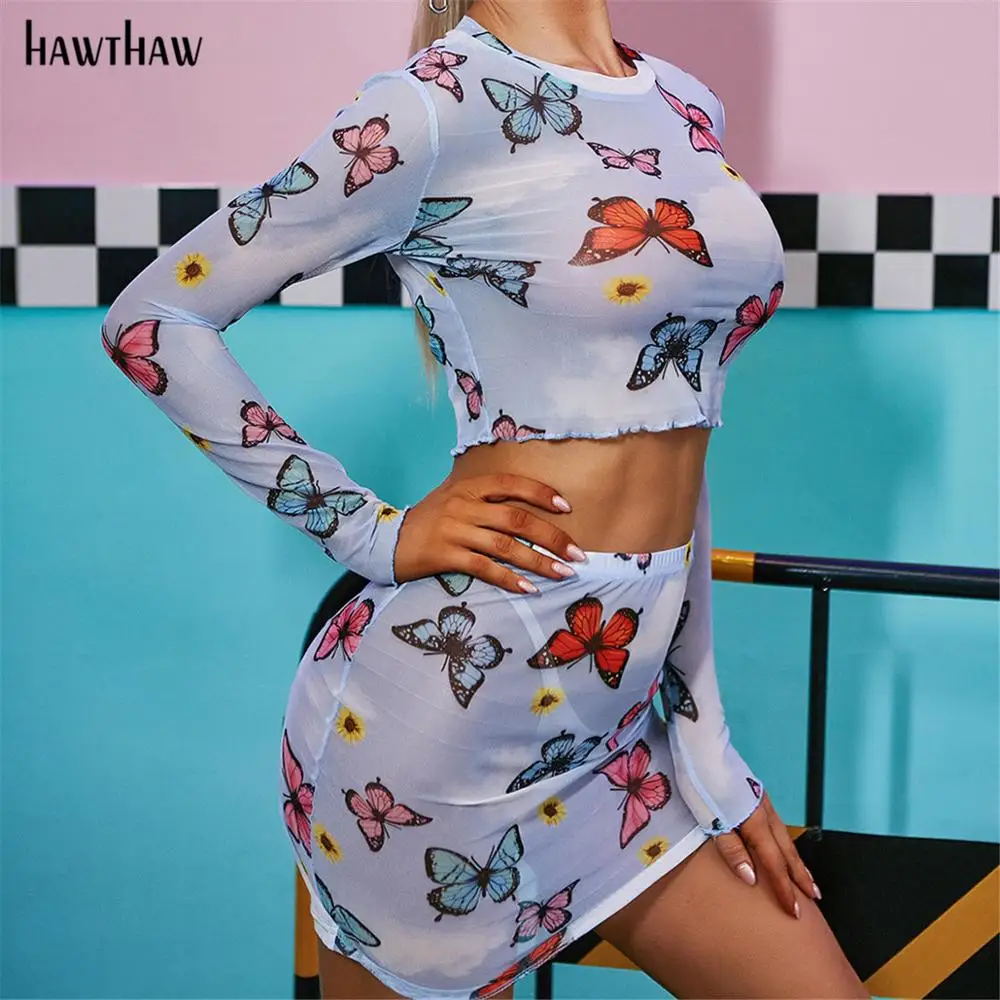 HAWTHAW/женские вечерние топы с длинными рукавами и принтом бабочки Короткие мини