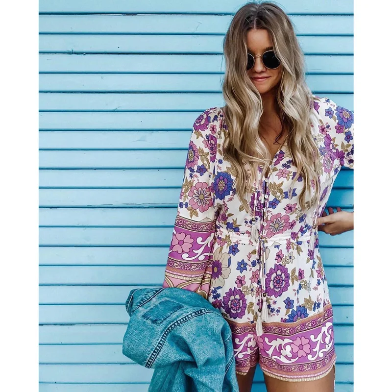 Супер шикарный комбинезон с цветочным принтом для женщин регулируемый галстук