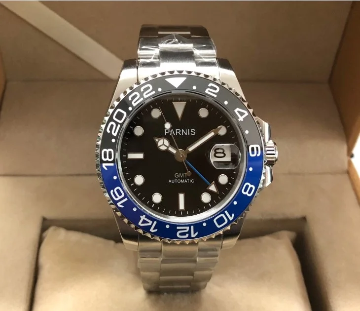 40 мм Parnis с сапфирами Кристалл GMT автоматическое машинное движение светящиеся
